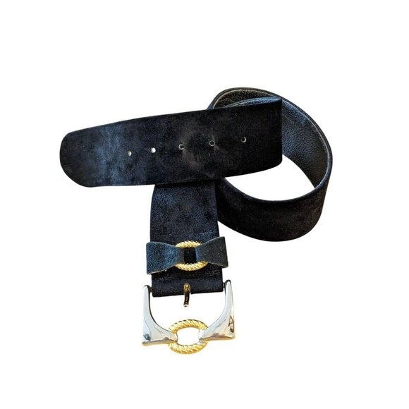 Vintage Womens Leather Belt Black Velvet Upper 28 in- 32 in Gold Buckle Med Wide - Picture 1 of 6